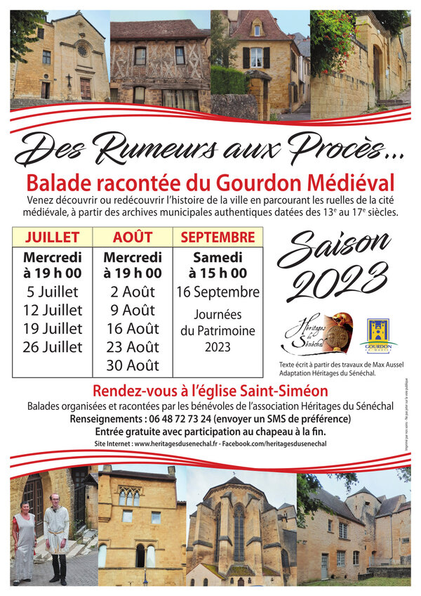 Affiche de la balade racontée « Des rumeurs aux procès » jouée à Gourdon en 2023